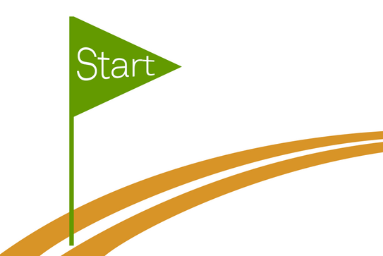 Symbolbild für Ausgangslage: Ein grüner Wimpel mit der Aufschrift Start steht auf einer orangen Laufbahn