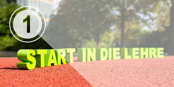 Start in die Lehre: Schriftzug auf einer Tartanbahn, darüber ein Countdown-Symbol mit der Zahl 1