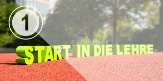 Start in die Lehre: Schriftzug auf einer Tartanbahn, darüber ein Countdown-Symbol mit der Zahl 1