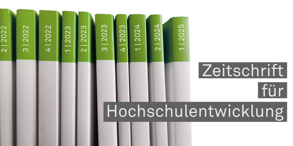Nebeneinanderstehende Zeitschriftenhefte, daneben der Schriftzug Zeitschrift für Hochschulentwicklung