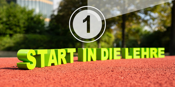 Start in die Lehre: Schriftzug auf einer Tartanbahn, darüber ein Countdown-Symbol mit der Zahl 1