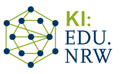 Logo des Projekts KI:edu.nrw: ein äußeres und ein inneres Sechseck mit Punkten an den Ecken. Die beiden Sechsecke sind durch Linien, die von den Eckpunkten ausgehen,  miteinander verbunden.