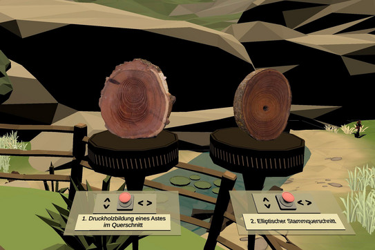 Screenshot aus der VR-Lerneinheit: Zwei Holzscheiben auf Podesten mit einem virtuellen Joystick davor