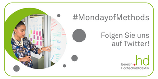 Logo für den #MondayofMethods: Frau an einer Moderationswand, rundherum graue und grüne Punkte und das Logo des Bereichs Hochschuldidaktik