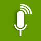 Symbolbild Podcast: Ein grüner Hintergrund, in der Mitte ein weißes Mikrofon von dem rechts oben Schallwellen abstrahlen