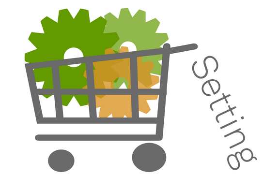 Illustration: Einkaufswagen mit 3 Zahnrädern (grün und orange)