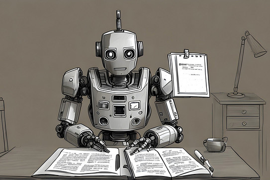 AI generated - Illustration: Ein Roboter sitzt an einem Tisch, vor ihm liegen beschriftete Papiere und ein Stift.