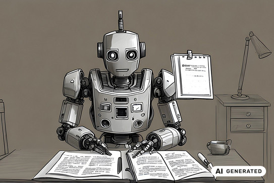 AI generated - Illustration: Ein Roboter sitzt an einem Tisch, vor ihm liegen beschriftete Papiere und ein Stift.