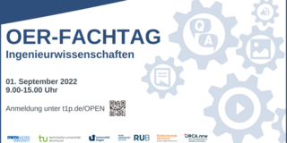 Illustration zum OER-Fachtag Ingenieurwissenschaften: Zahnräder mit digitalen Medien (Video, Foto etc.) in der Mitte