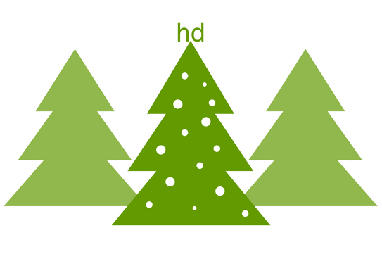 Illustration: Drei grüne Tannenbäume, einer davon mit weißen Kugeln und auf der Spitze prangen die Buchstaben h und d