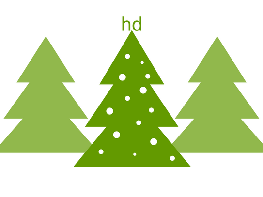 Illustration: Drei grüne Tannenbäume, einer davon mit weißen Kugeln und auf der Spitze prangen die Buchstaben h und d