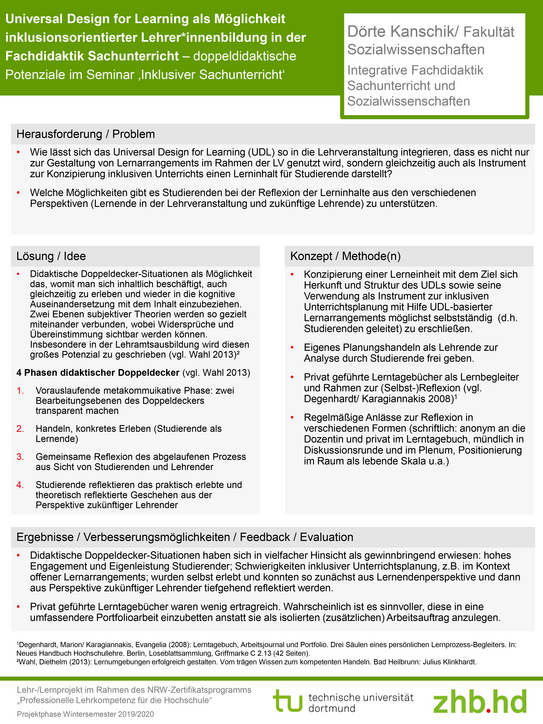 Poster zum Lehrprojekt „Universal Design for Learning als Möglichkeit inklusionsorientierter Lehrer/-innenbildung in der Fachdidaktik Sachunterricht“