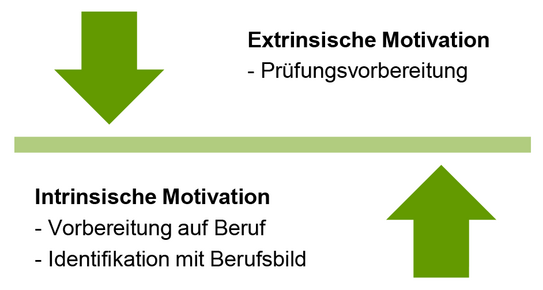 Schematische Darstellung einer Waage durch einen horizontalen hellgrünen Balken, auf den ein grüner Pfeil von oben links zeigt und auf den ein grüner Pfeil von unten rechts zeigt. Dies stellt ein ausgeglichenes Gleichgewichtsverhältnis durch die Würdigung der extrinsischen Motivation und Förderung der intrinsischen Motivation dar.