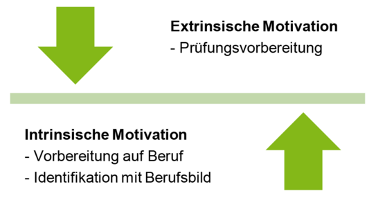 Schematische Darstellung einer Waage durch einen horizontalen hellgrünen Balken, auf den ein grüner Pfeil von oben links zeigt und auf den ein grüner Pfeil von unten rechts zeigt. Dies stellt ein ausgeglichenes Gleichgewichtsverhältnis durch die Würdigung der extrinsischen Motivation und Förderung der intrinsischen Motivation dar.