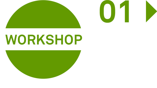 Logo für den Workshop 01: Links ein grüner Kreis auf weißem Hintergrund. Durch den Kreis geht horizontal ein weißer Balken mit dem Schriftzug „Workshop“. Oben rechts steht die Nummer 01, dahinter ein grüner Pfeil nach rechts