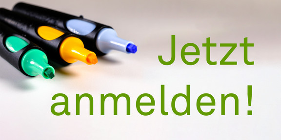 Foto: rechts oben drei Moderationsstifte, daneben der Schriftzug "Jetzt anmelden!"