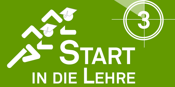 Logo: Start in die Lehre (Zwei laufende Figuren mit Dokorhüten) daneben ein Countdown-Symbol mit der Zahl 3