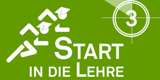 Logo: Start in die Lehre (Zwei laufende Figuren mit Dokorhüten) daneben ein Countdown-Symbol mit der Zahl 3