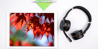 Tablet mit einem Foto von herbstlich verfärbten Blättern, daneben ein Headset