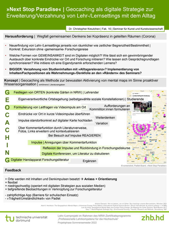 Poster zum Lehrprojekt „Next Stop Paradise | Geocaching als digitale Strategie zur Erweiterung/Verzahnung von Lehr-/Lernsettings mit dem Alltag“
