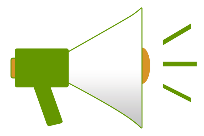 Illustration: grün-weißes Megafon mit orangefarbigen Akzenten