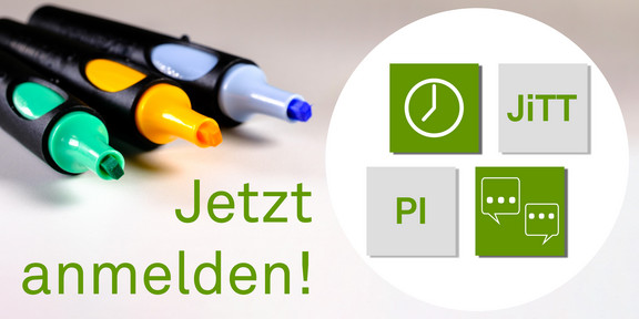 In der oberen linken Ecke drei Moderationsstifte, darunter der Schriftzug „Jetzt anmelden!“, rechts daneben in einem weißen Kreis die Illustration zum Workshop Just in Time-Teaching und Peer Instruction: eine Uhr und zwei Sprechblasen