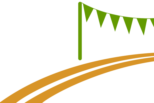 Symbolbild Ziel: Eine orangefarbige Laufbahn, die in ein mit grünen Wimpeln geschmücktes Zieltor führt