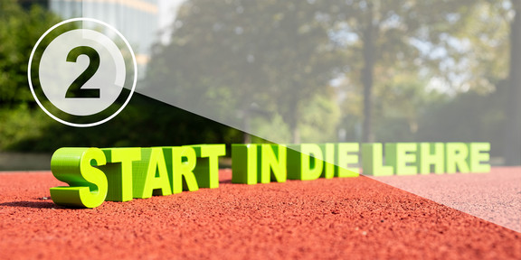 Start in die Lehre: Schriftzug auf einer Tartanbahn, darüber ein Countdown-Symbol mit der Zahl 2