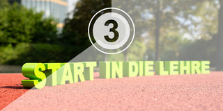 Start in die Lehre: Schriftzug auf einer Tartanbahn, darüber ein Countdown-Symbol mit der Zahl 3