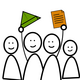 Illustration: 4 Personensilhoutten mit lachendem Mund, die zweite Person von links hält einen einen Dreieckshut hoch, die zweite Person von rechts hält ein Blatt mit Text in die Luft