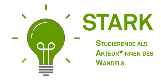 Illustration: eine grüne Glühbirne mit Leuchtstrahlen, daneben der Schriftzug STARK (Studierende als Akteur*innen des Wandels)